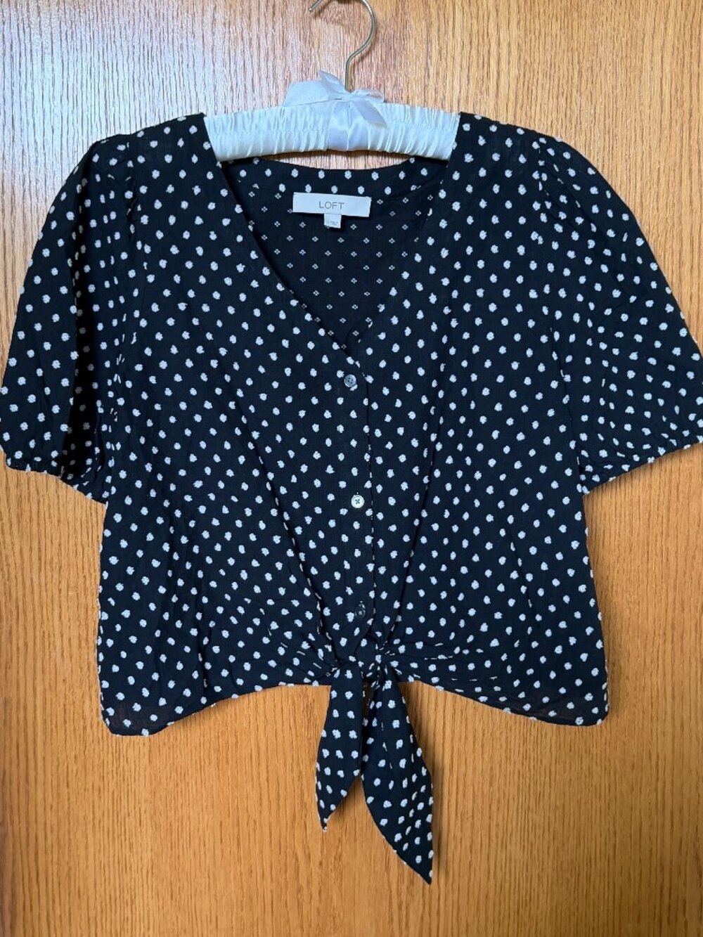 LOFT Black & White Tie Front Puff Sleeve Blouse Large